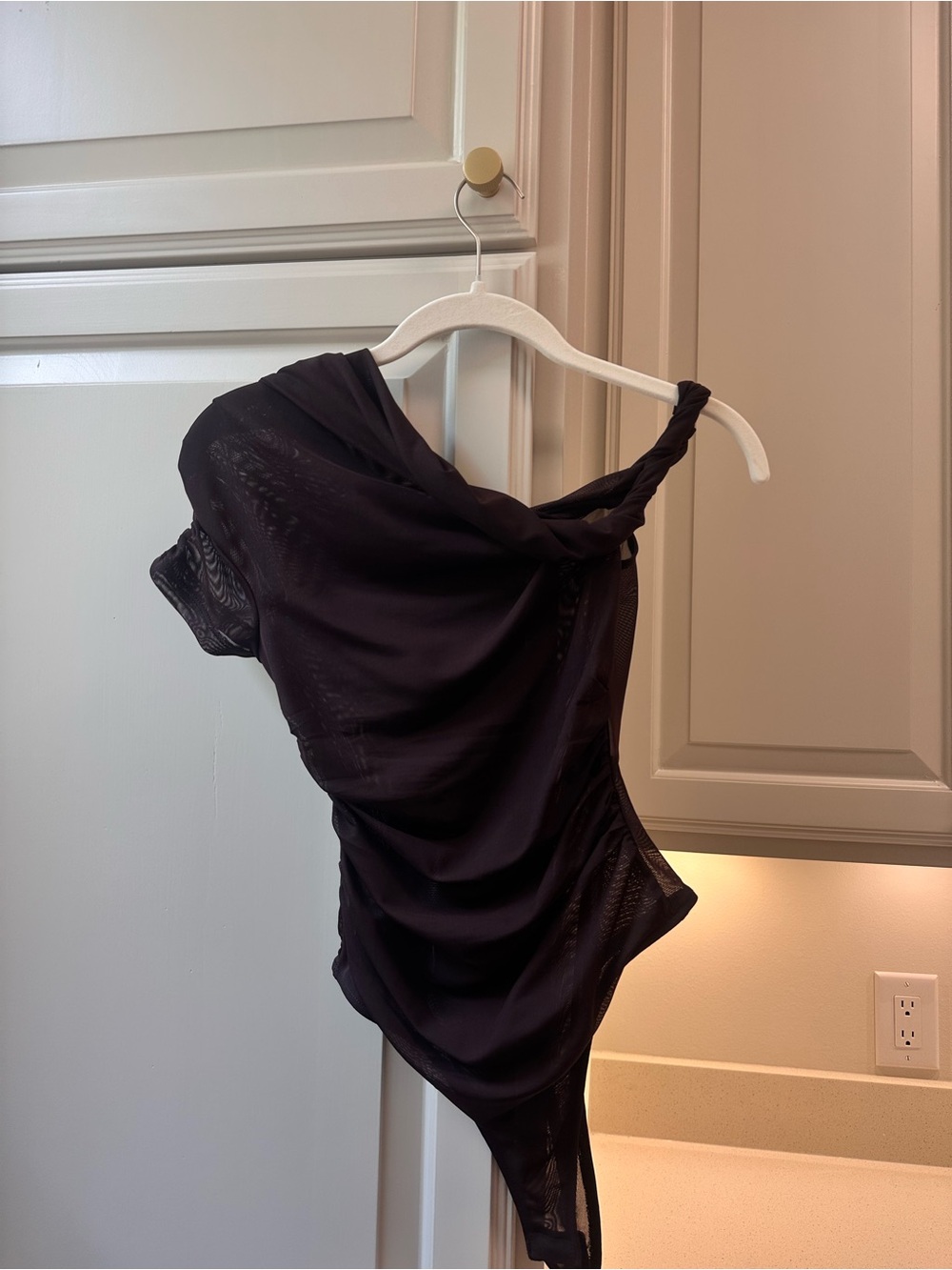 Zara Brown One-Shoulder Sheer Bodysuit